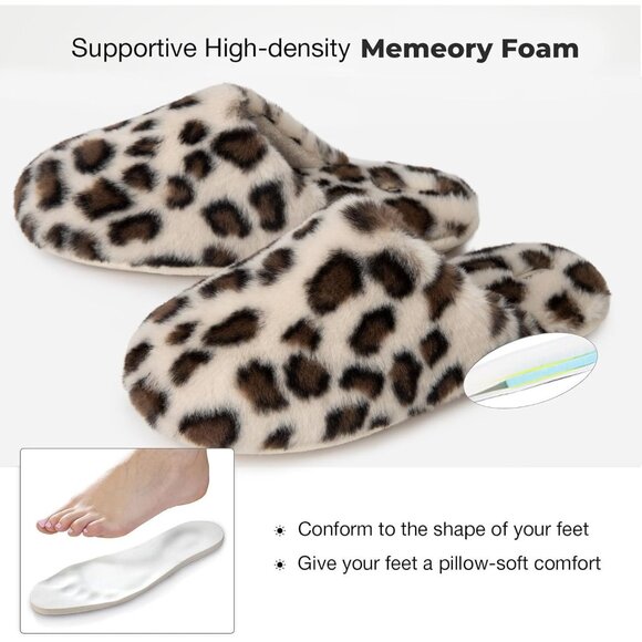 ⚡Women's Cheetah Tan Fuzzy Scuff Slippers Soft Comfy Memory Foam Non Slip - Picture 5 of 6